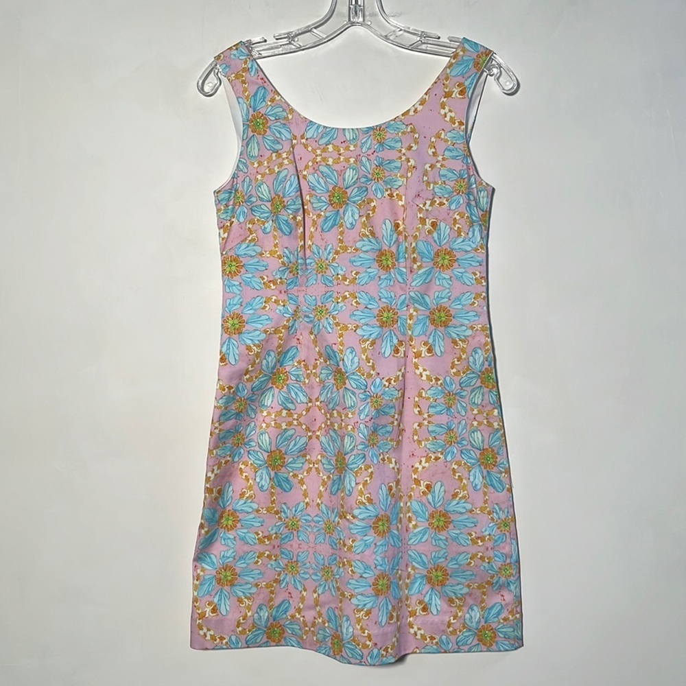 KAELI SMITH "Annie" Preppy Cottage Summer Pink/Blue Floral Cotton Shift Dress 2